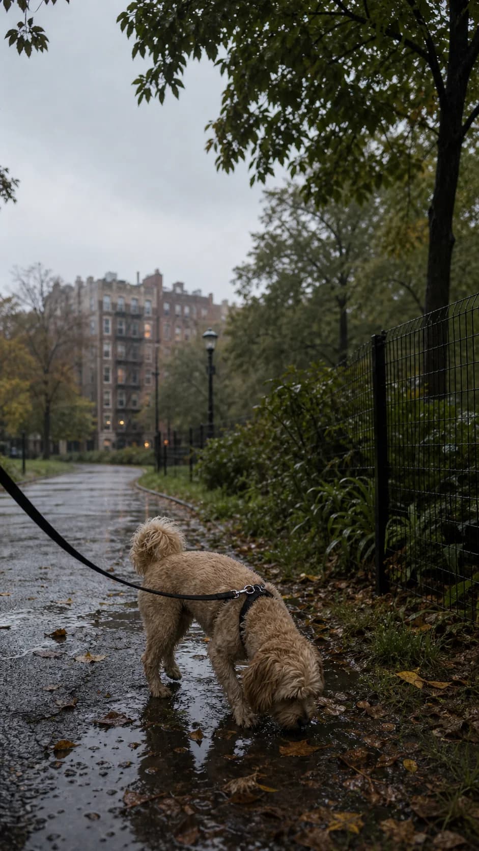Dog walking through a rainy park