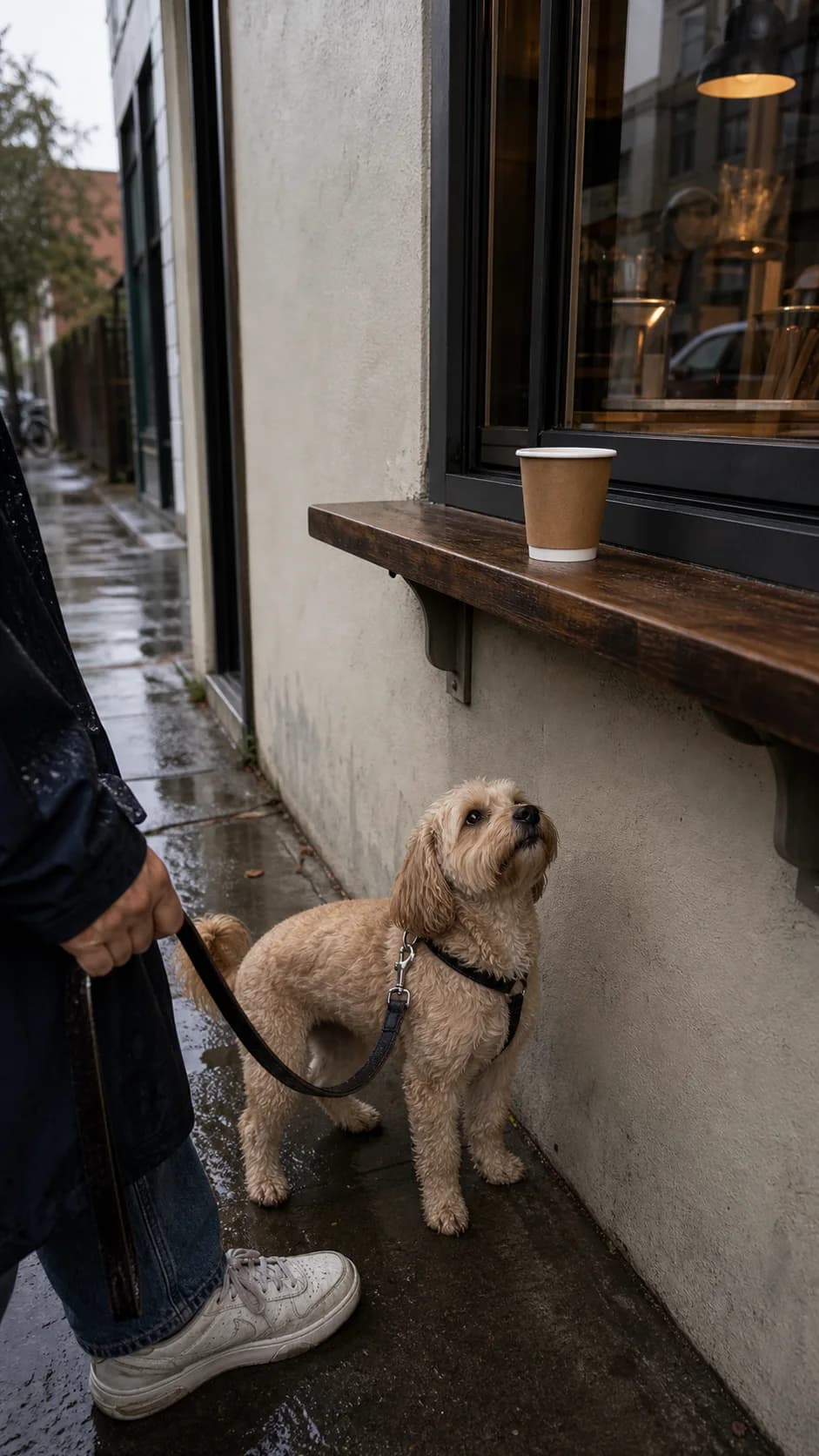 Dog waiting outside a coffee window