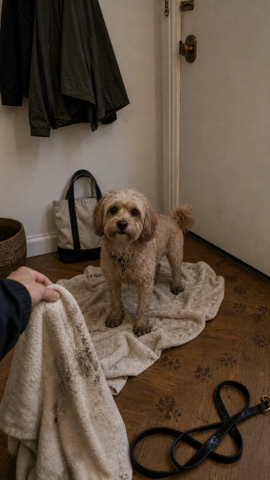 Wet dog sitting beside a towel