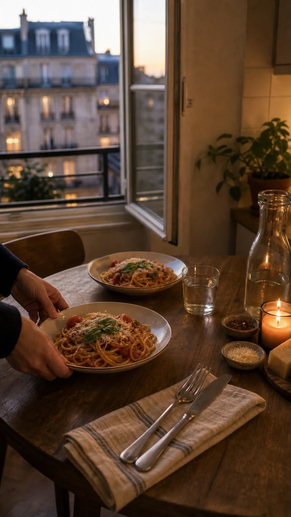 Dinner plates beside an open window
