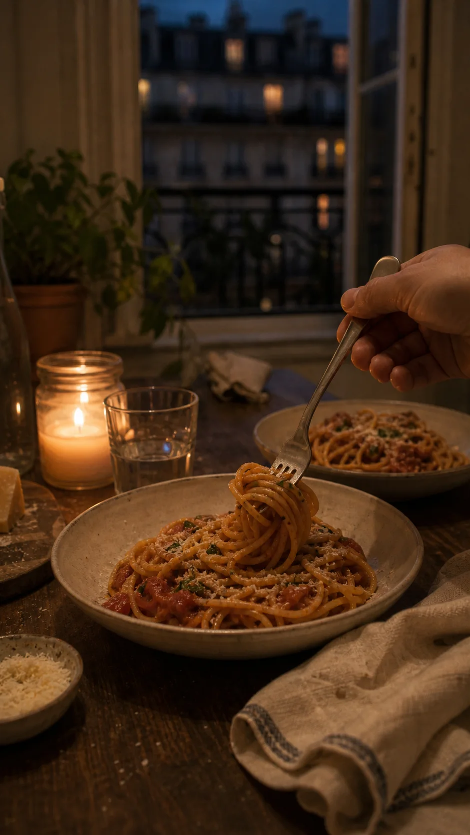 Pasta dinner by candlelight