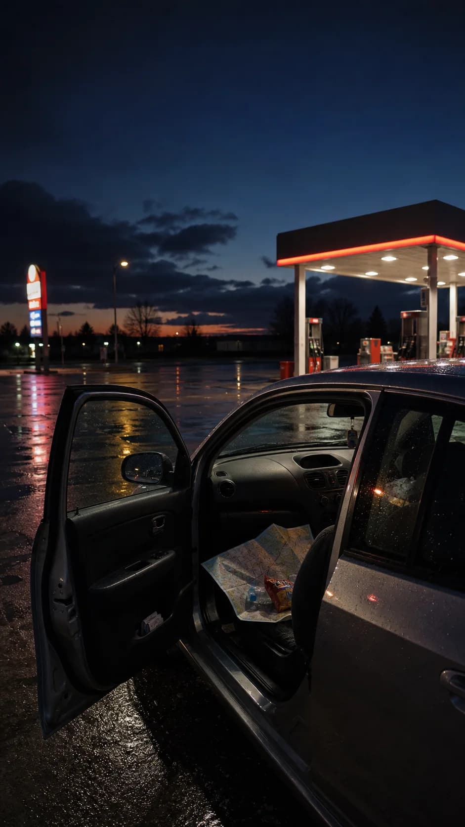 Car door open at a gas station at night