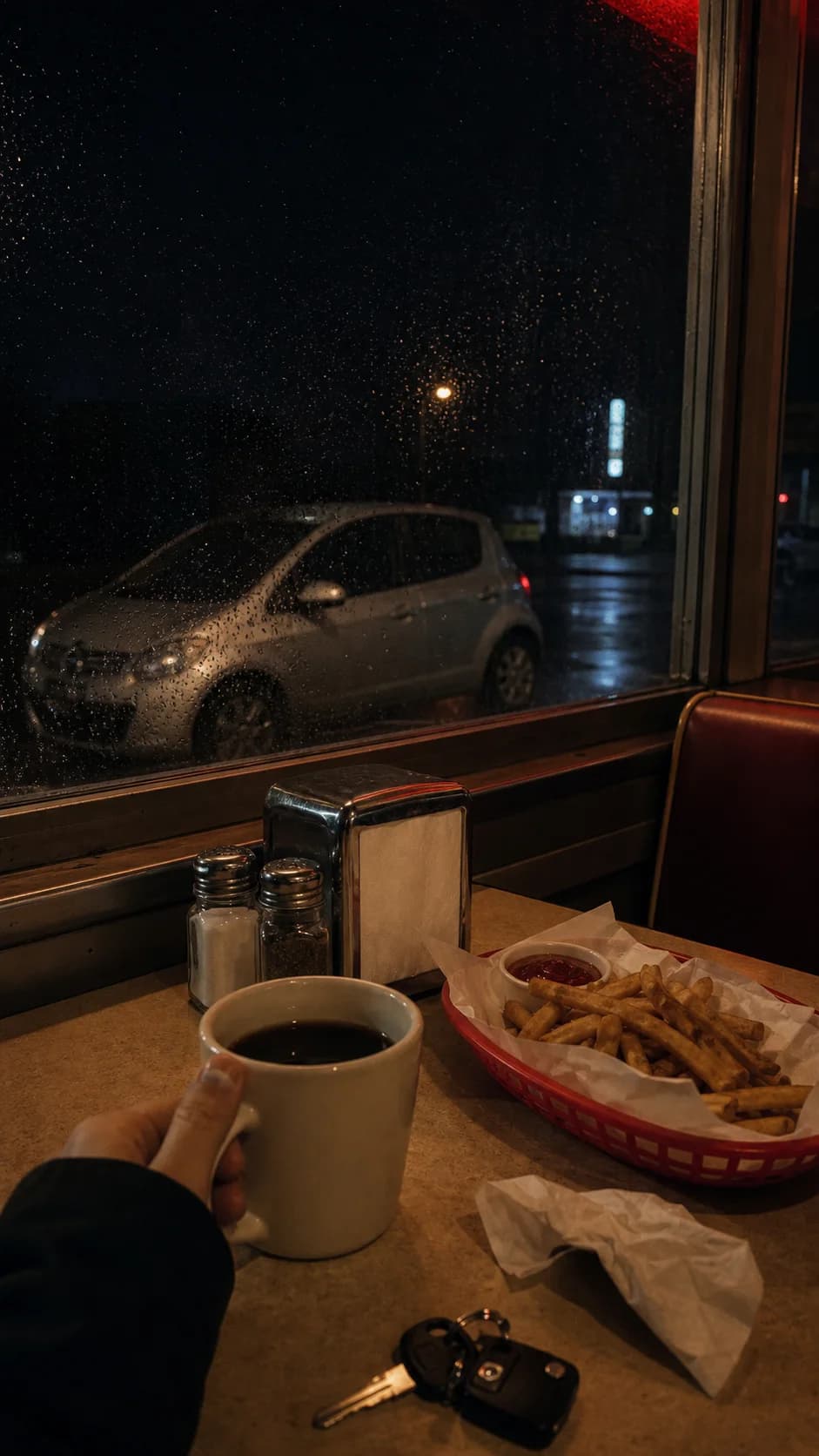 Late night diner table with coffee and food