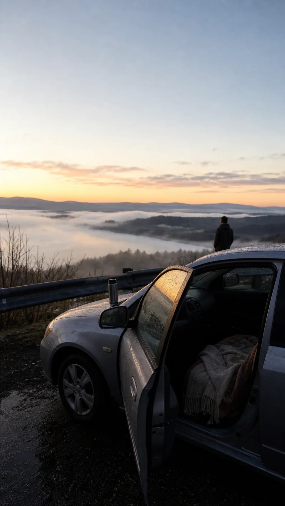 Open car door overlooking a valley at sunrise
