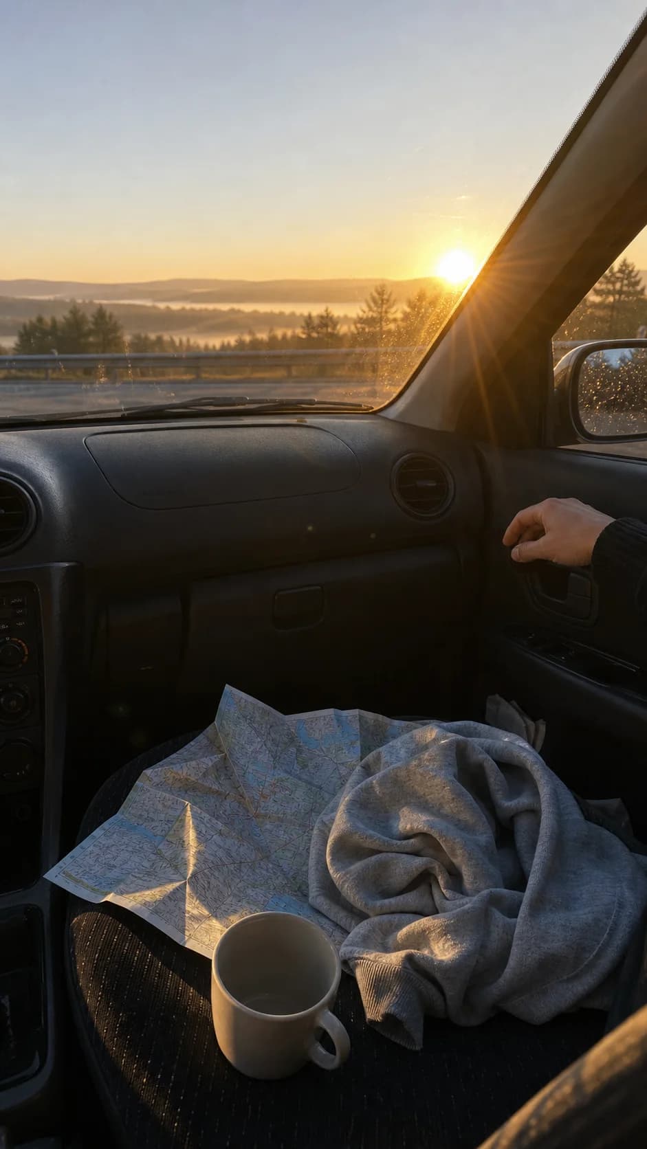 Coffee and blanket on a car seat at sunrise