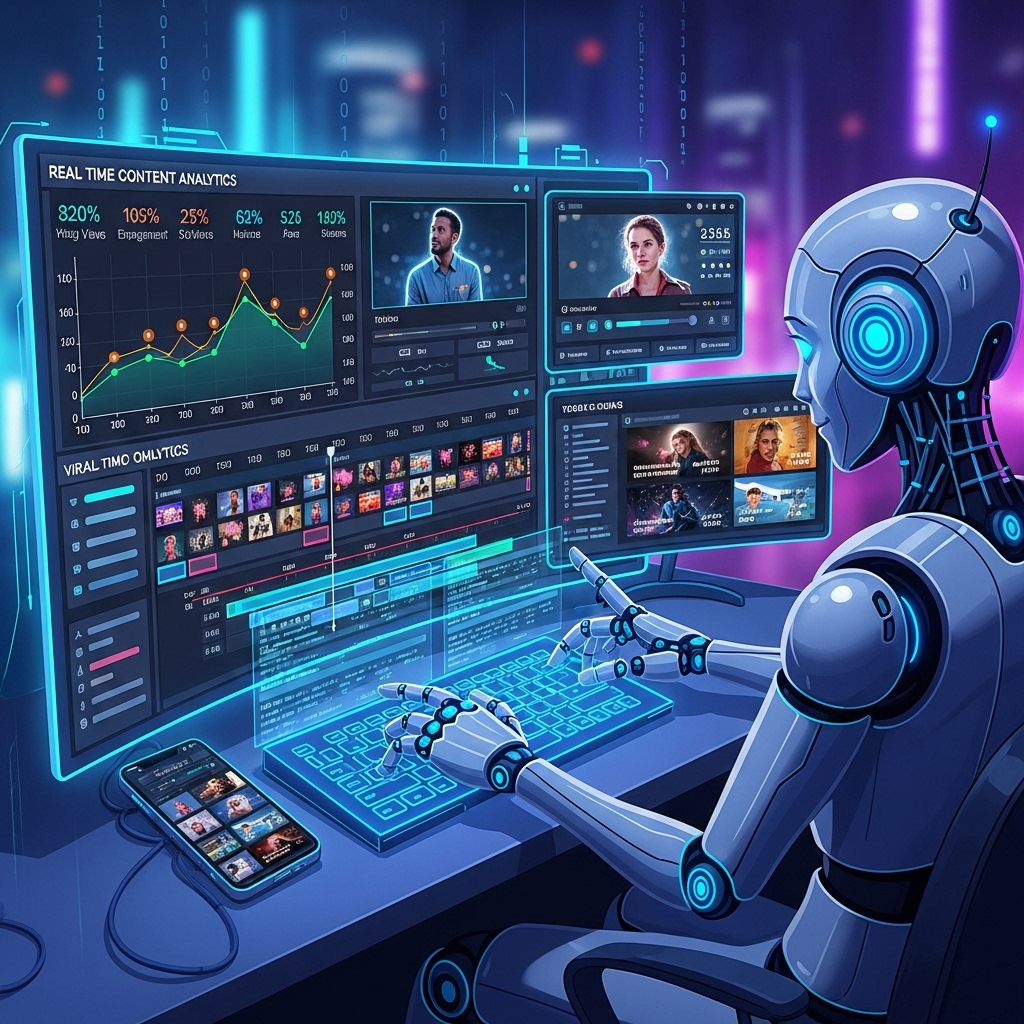 AI robot generating viral short videos at computer and phone